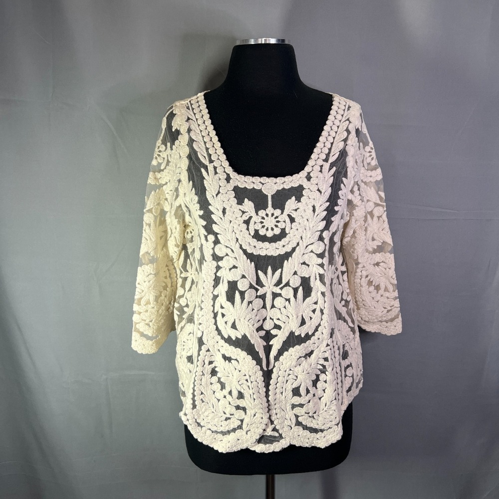 Me My Emblem Sheer Lace Blouse Top Women L Beige Floral Embroidery Scalloped Hem